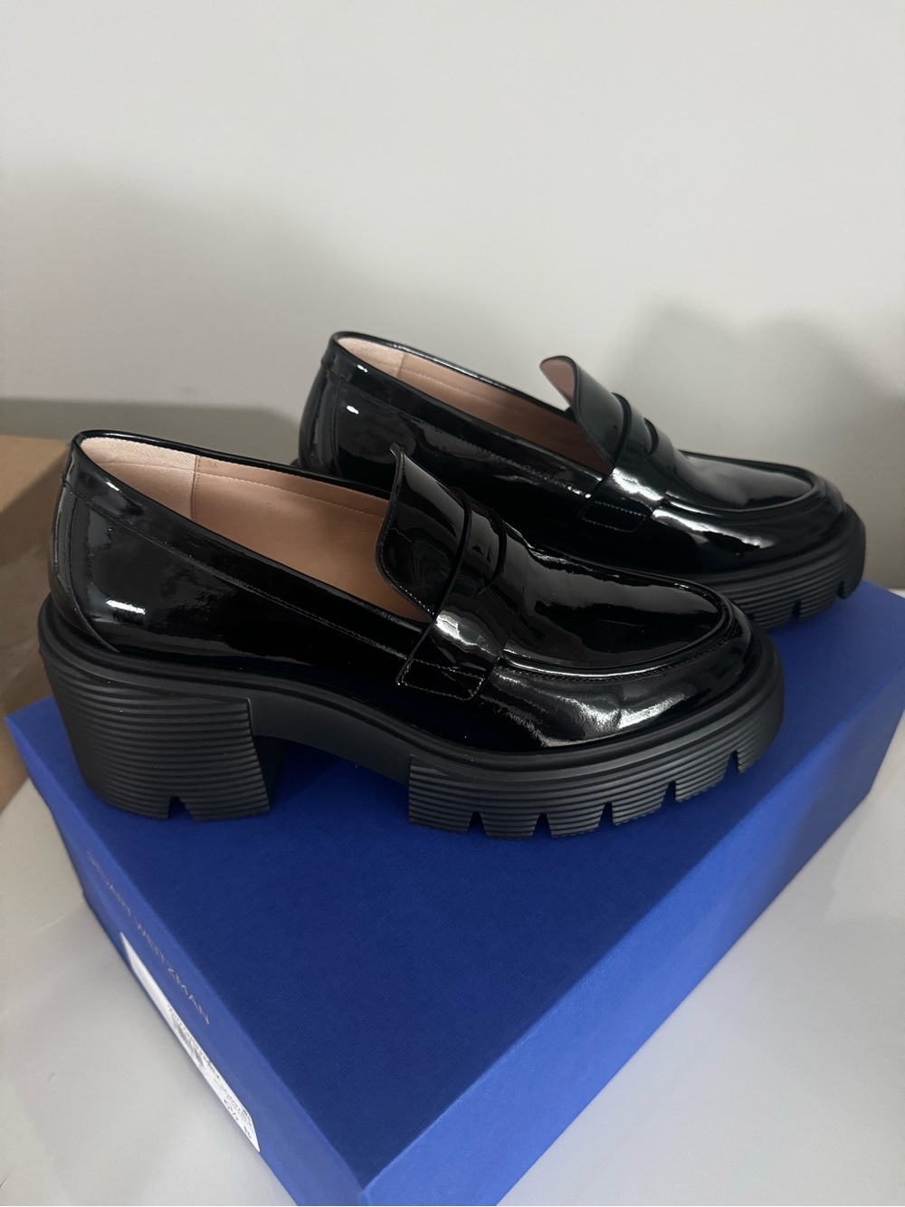 Stuart Weitzman Black Patent Leather Lug-Sole Loafers
